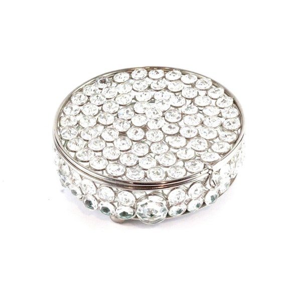 Crystal Trinket Round Organizer Mirrored Jewelry Chrome Accents Keepsake Chest - Picture 3 of 8